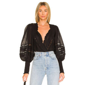 Free People NWT Eloise Lace Trim Smocked Cuff Balloon Sleeve Bodysuit Black XS